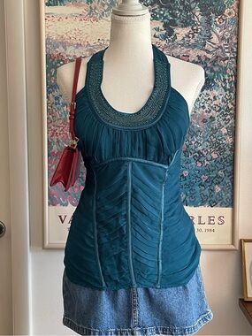 Y2K Bebe Halter Top Small Teal Blue Ruched Beaded Corset Siren Fairy Going Out